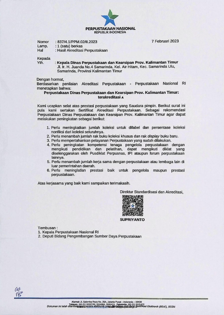 Foto : Hasil Penilaian Akreditasi Perpustakaan.