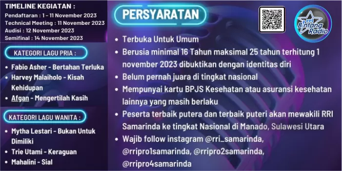 KESEMPATAN EMAS: Bintang Radio RRI Samarinda 2023 akan menjadi tahap audisi awal sebelum mentas ke Grand Final di Manado, Sulawesi Tenggara.