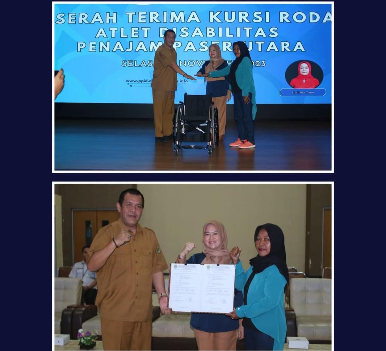 SERAHKAN: Dispora Kaltim saat menyerahkan bantuan kursi roda untuk atlet.